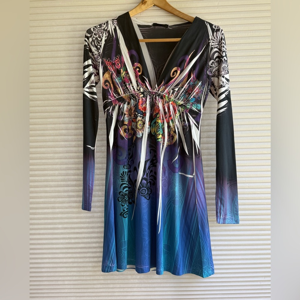 Y2k Color In Motion Butterfly Boho Vneck Mini Dress Size Small